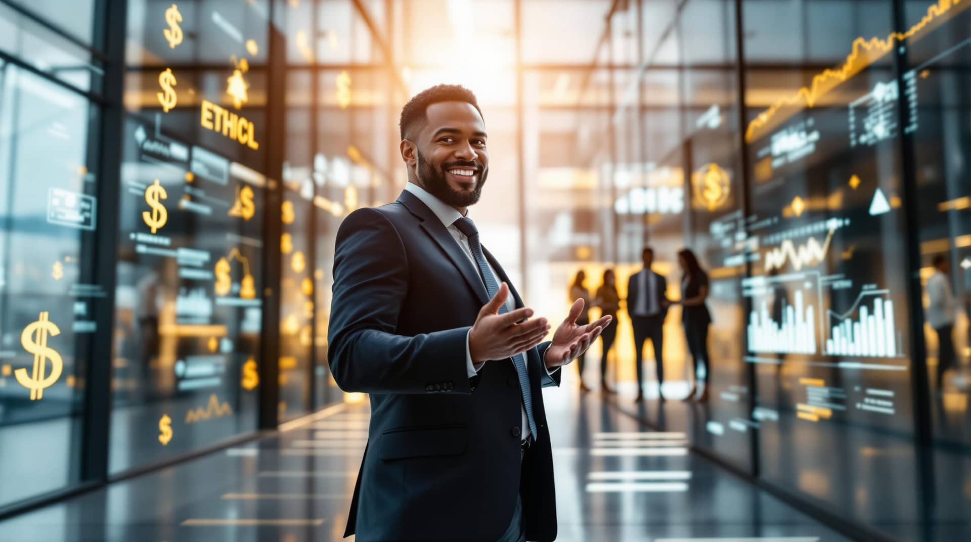 Business professional at a crossroads choosing the ethical path over profit, exemplifying ethical leadership while team members collaborate under metrics showing that principled decisions drive business success. 