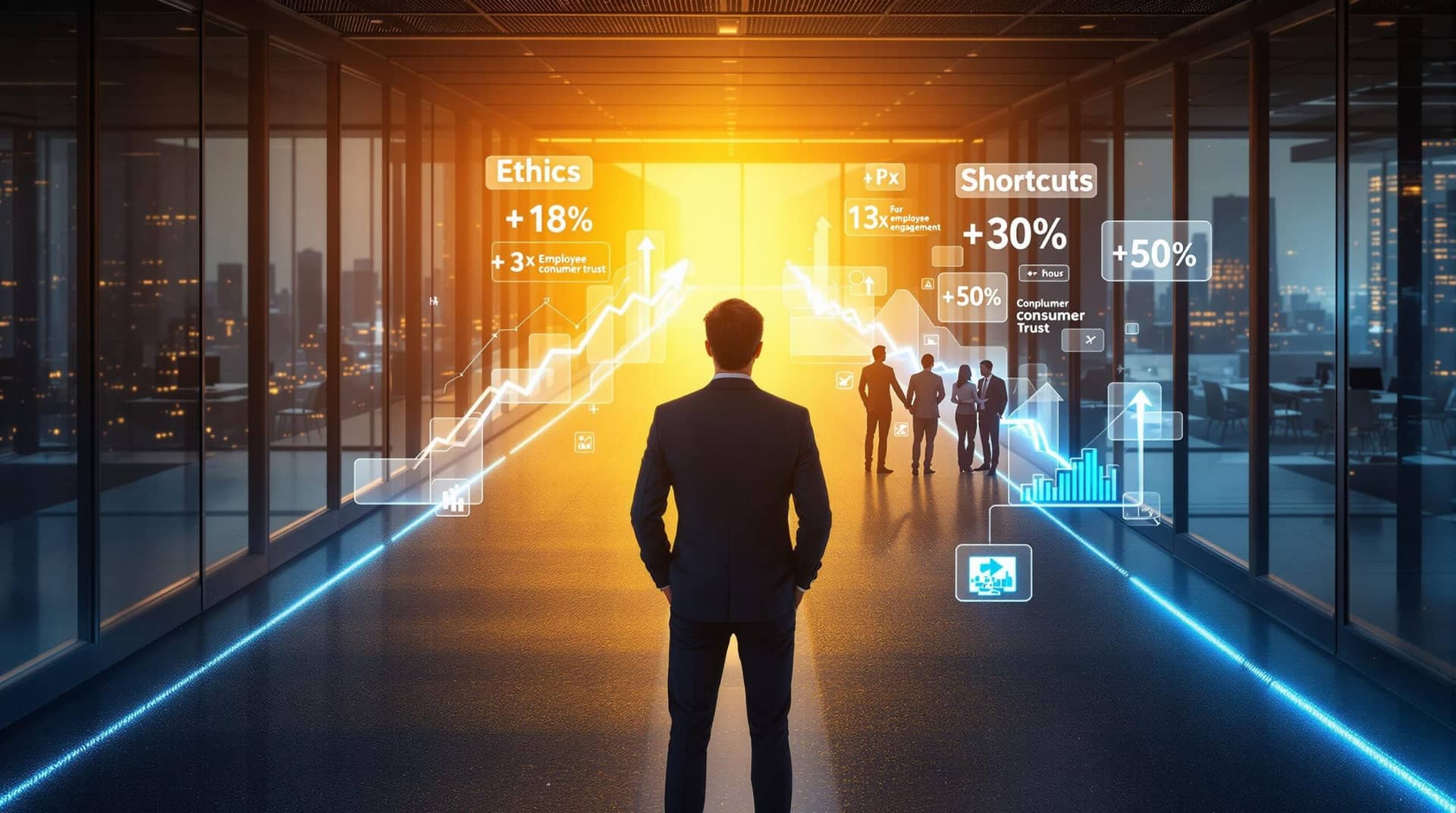 A business professional stands at a crossroads, choosing between an "Ethics" path glowing warmly and a "Shortcuts" path with harsh lighting, illustrating ethical leadership's impact on success with visible metrics showing increased revenue, engagement, and trust in a modern office setting.