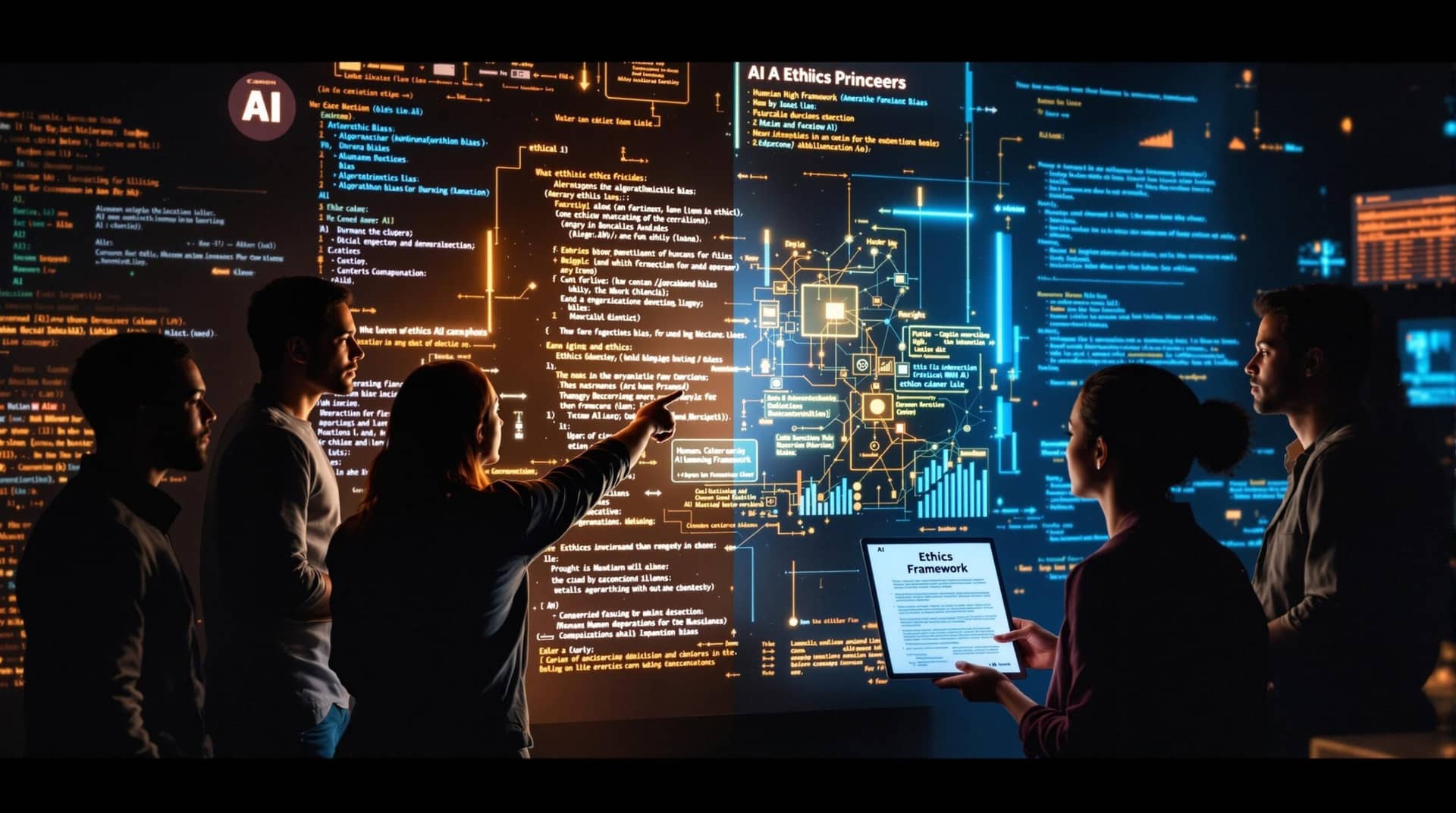 Diverse team collaborating on ai ethics, examining bias data and an Ethics Framework around an illuminated interface that bridges technological innovation with human values. 
