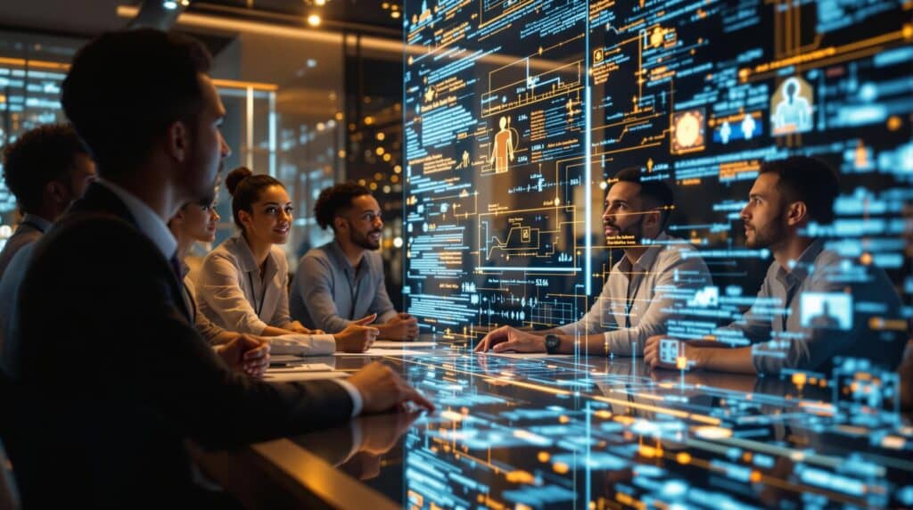 Diverse council of AI ethics experts analyzing holographic bias data with human values integrated into algorithms, illustrating the bridge between technology and ethical governance in a warmly lit futuristic setting.
