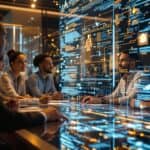 Diverse council of AI ethics experts analyzing holographic bias data with human values integrated into algorithms, illustrating the bridge between technology and ethical governance in a warmly lit futuristic setting.