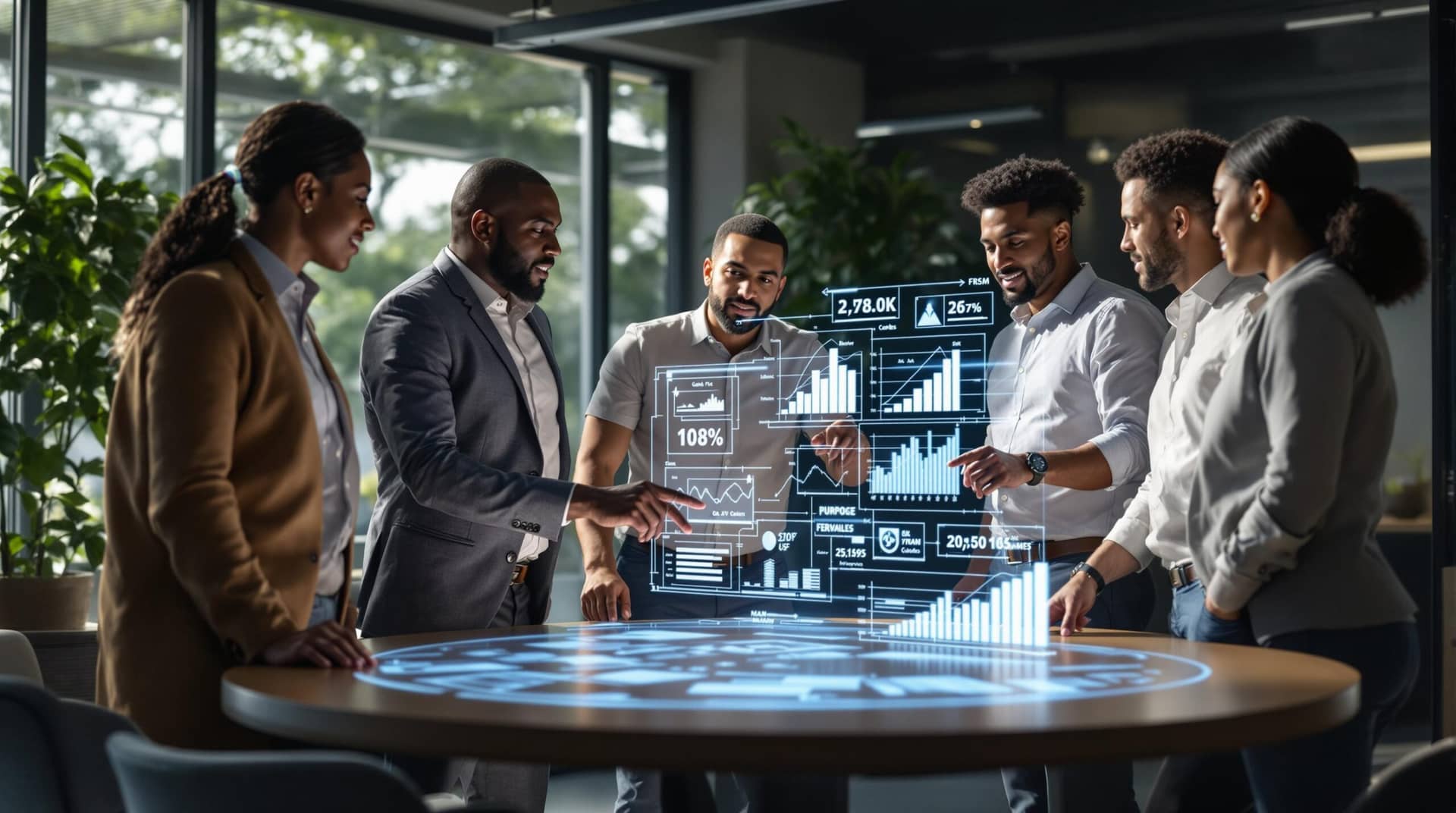  Diverse business professionals collaborating on leadership strategies around a holographic display in a sunlit modern office environment. 