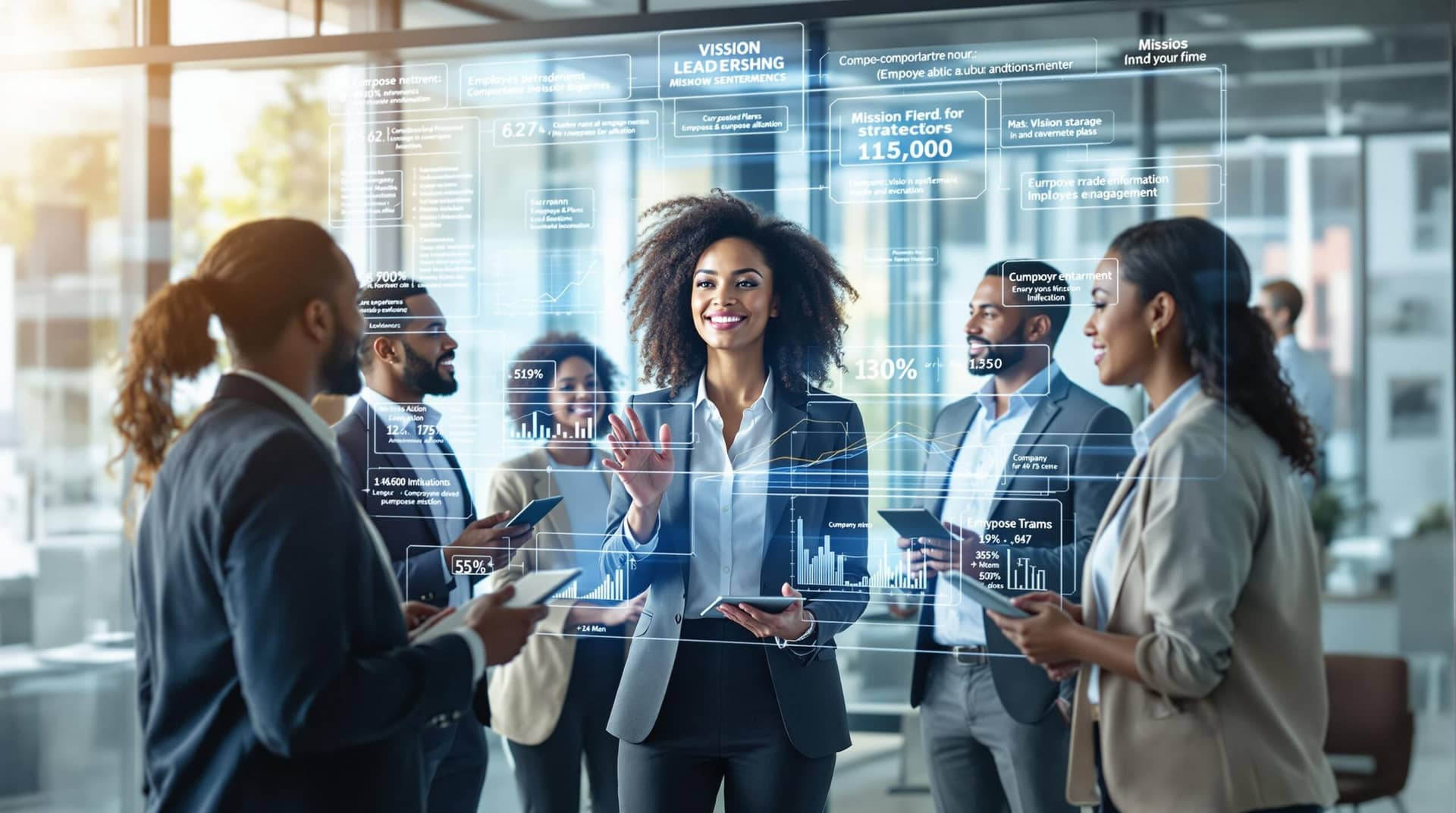 Diverse business team gathered around a holographic display discussing leadership strategies, with a female executive pointing to performance metrics and vision statements in a modern office space.