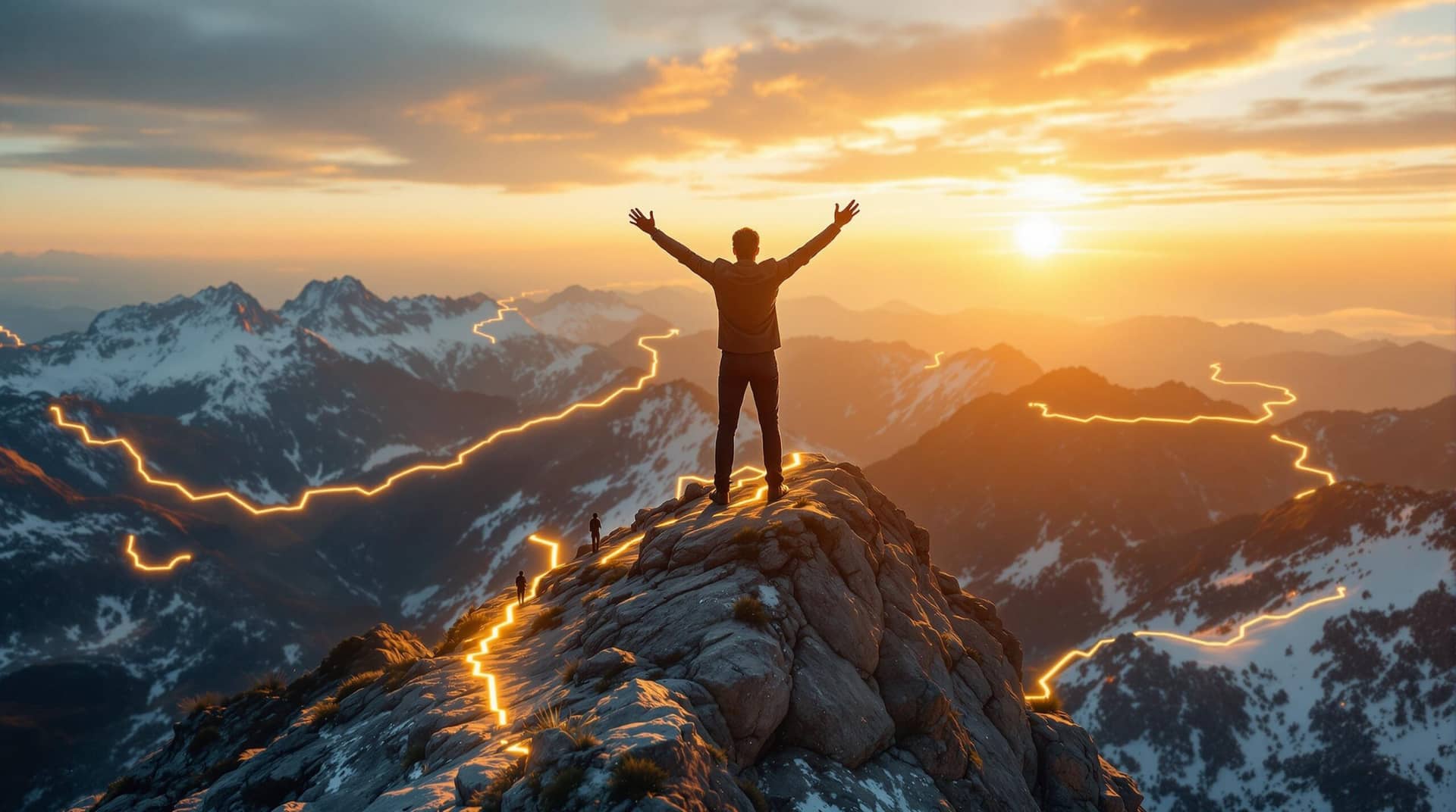  Business professional triumphantly stands on mountain peak at sunset, arms raised in achievement, with multiple illuminated paths below and climbers at different heights, symbolizing Leadership Impact and transformation journeys. 