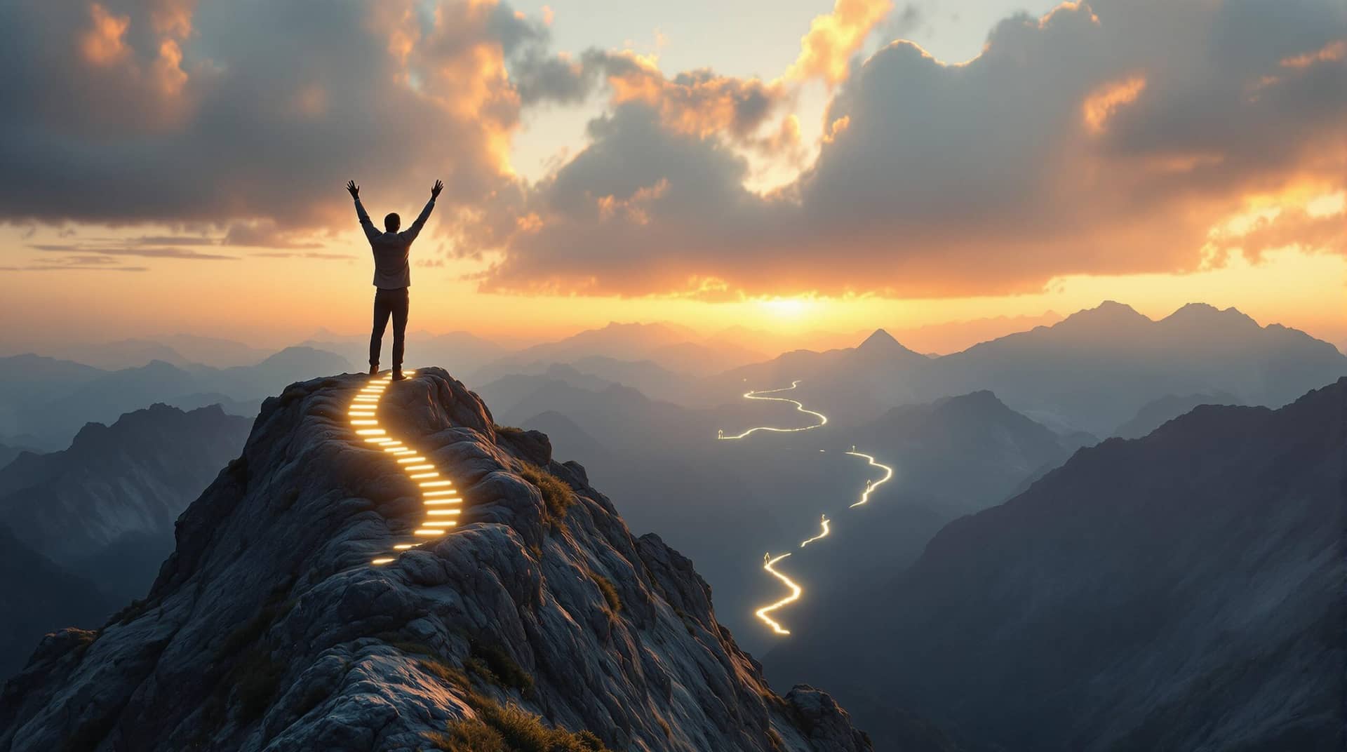 A diverse business leader celebrates atop a mountain at sunset, arms raised in triumph while overseeing multiple illuminated paths where professionals journey at various stages, symbolizing Leadership Impact through ethical guidance and transformation.