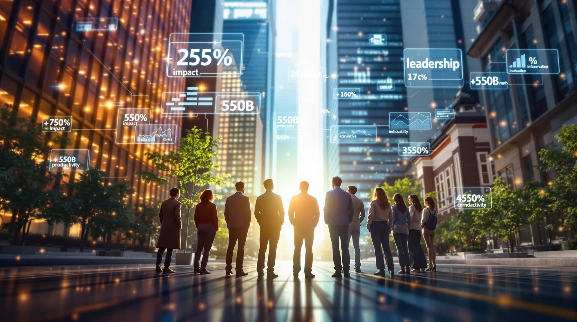  Diverse global business leaders at the crossroads of digital and physical worlds, with leadership influence metrics and data visualizations connecting modern tech, traditional corporate, and educational architectural styles through streams of light. 