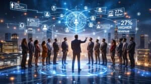 influence-beyond-borders-leadership-and-organizational-culture-dynamics | Lead AI Ethically Diverse business leaders analyze Leadership Influence metrics on a holographic platform displaying achievement and revenue statistics, connecting educational and corporate environments through illuminated network diagrams.