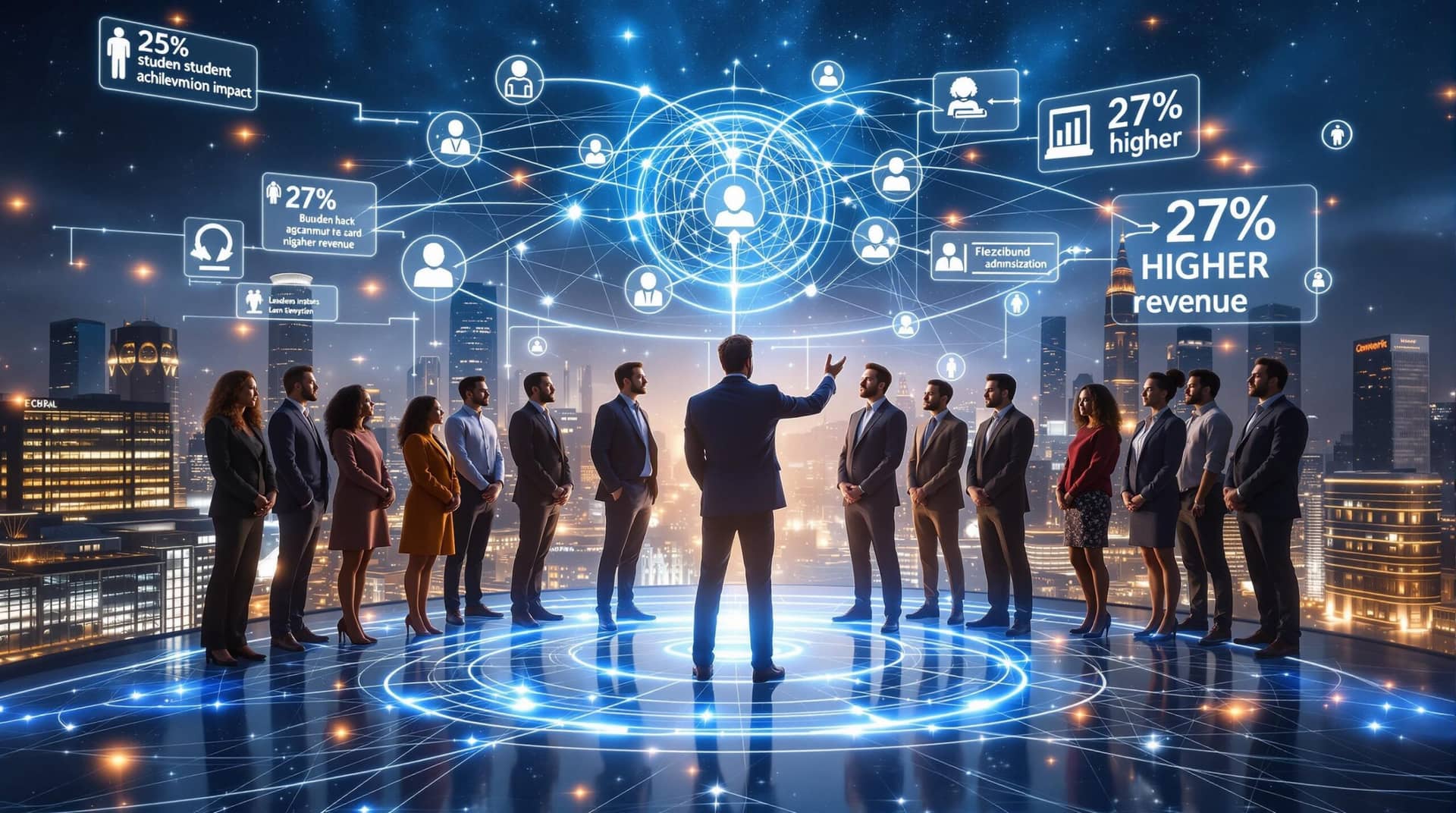 Diverse business leaders analyze Leadership Influence metrics on a holographic platform displaying achievement and revenue statistics, connecting educational and corporate environments through illuminated network diagrams.