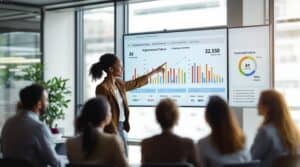 Diverse business team examines organizational culture inventory dashboard showing transformation from defensive to constructive zones, with mixed reactions as female executive leads discussion on AI adoption metrics in modern sunlit office.