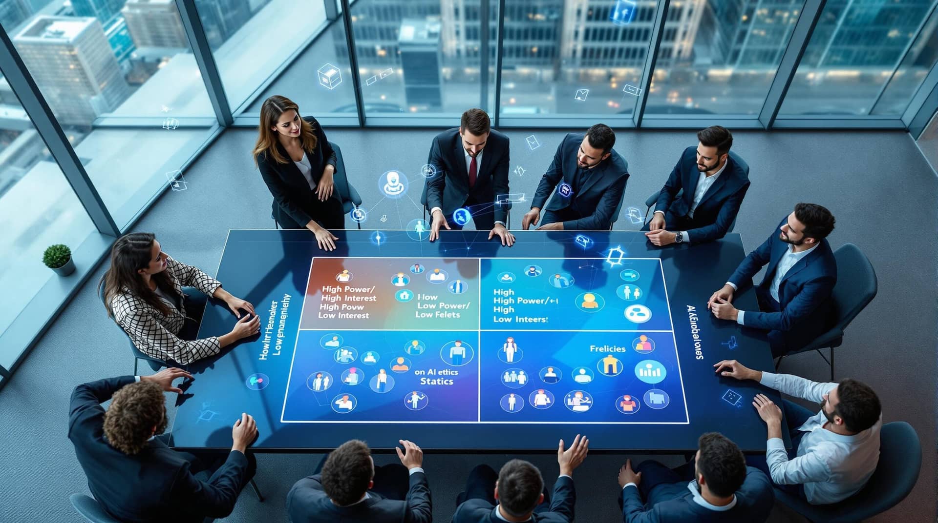 Overhead view of diverse professionals in a conference room, with a female executive presenting a stakeholder engagement matrix displayed on a digital table, showing power and interest quadrants with plotted stakeholders and holographic AI ethics data.