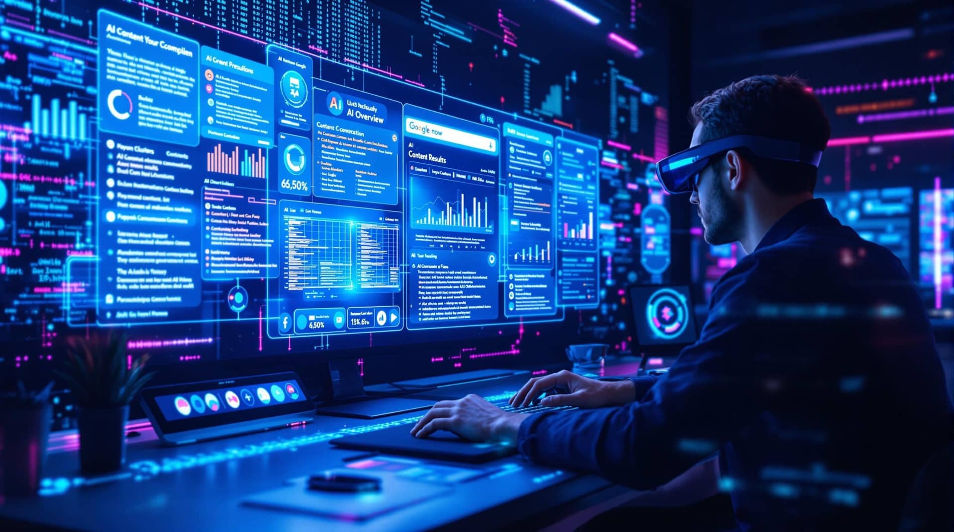 Content marketer using advanced SEO and AI tools in a futuristic workspace with holographic displays showing analytics and algorithmic recommendations.