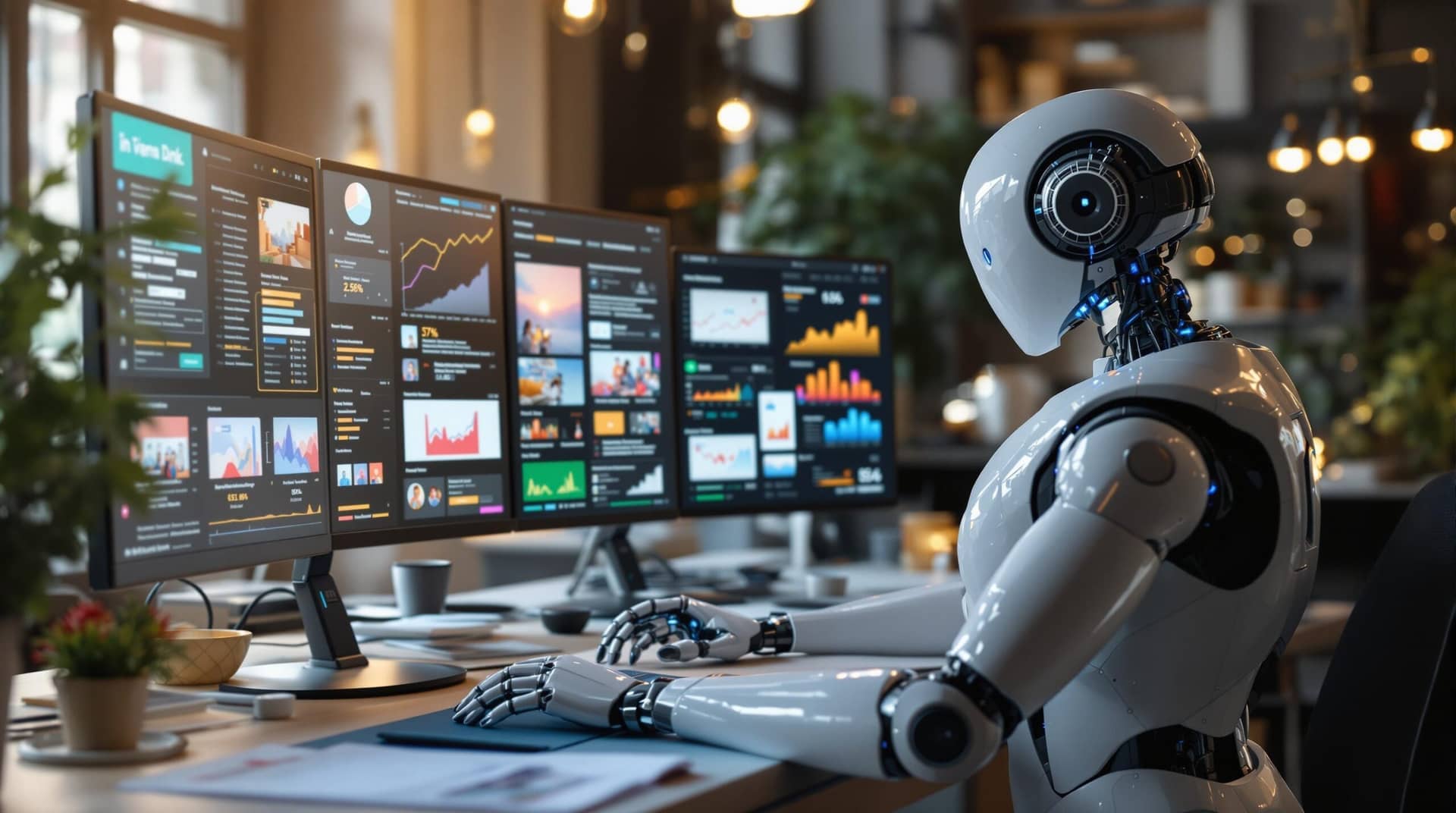 A creative professional and sleek robot engage in human-AI collaboration at a modern workstation, with the human adding emotional elements to AI-generated content while success metrics display on surrounding screens.