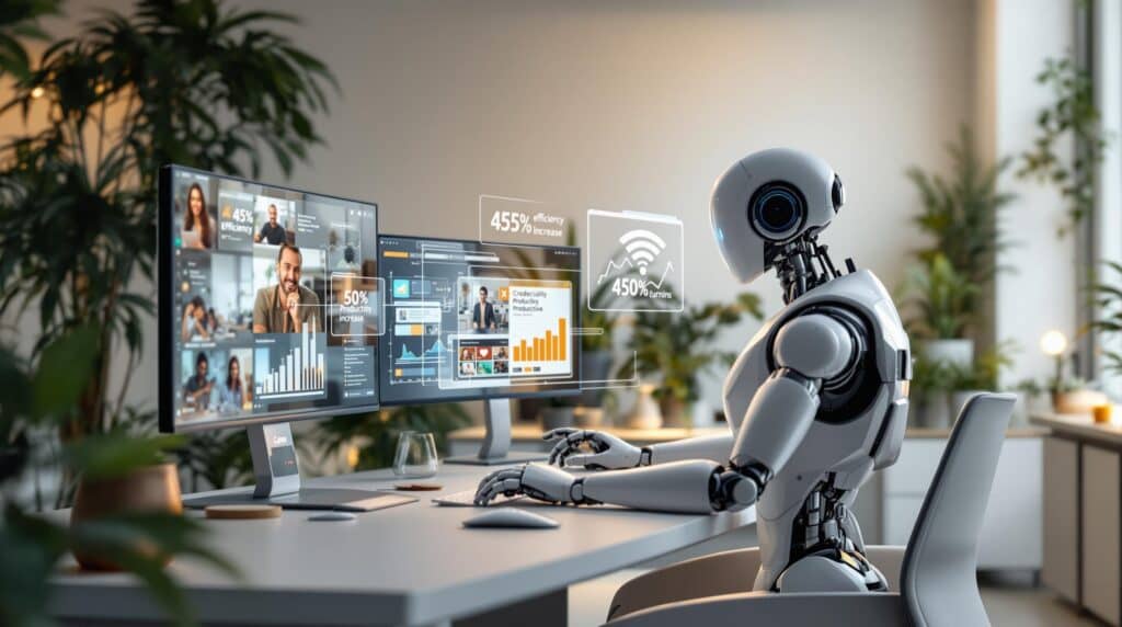 Human and humanoid robot collaborating at a modern desk with data displays showing efficiency gains, exemplifying effective human AI collaboration in a bright, minimalist workspace.