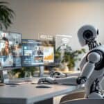 Human and humanoid robot collaborating at a modern desk with data displays showing efficiency gains, exemplifying effective human AI collaboration in a bright, minimalist workspace.