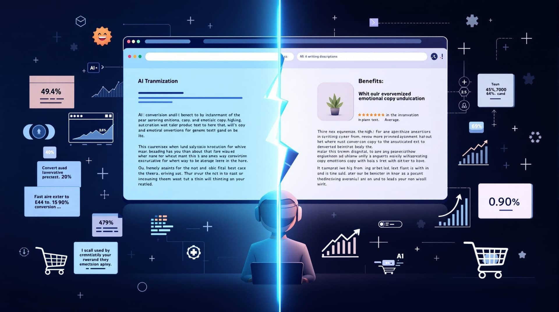 Split-screen comparison showing conversion optimization through AI, transforming generic product descriptions into emotional, benefit-focused copy with improved metrics and sales performance.