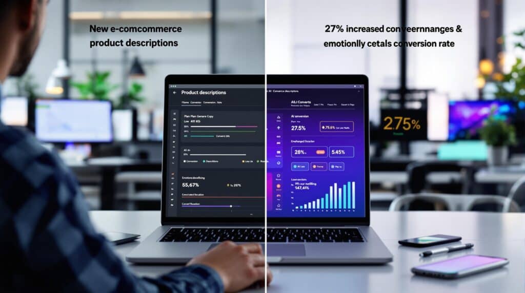 Split-screen comparison showing bland product descriptions with poor metrics versus AI-enhanced, emotion-driven copy with 27% higher conversion rates, highlighting effective conversion optimization techniques in a professional digital marketing environment.