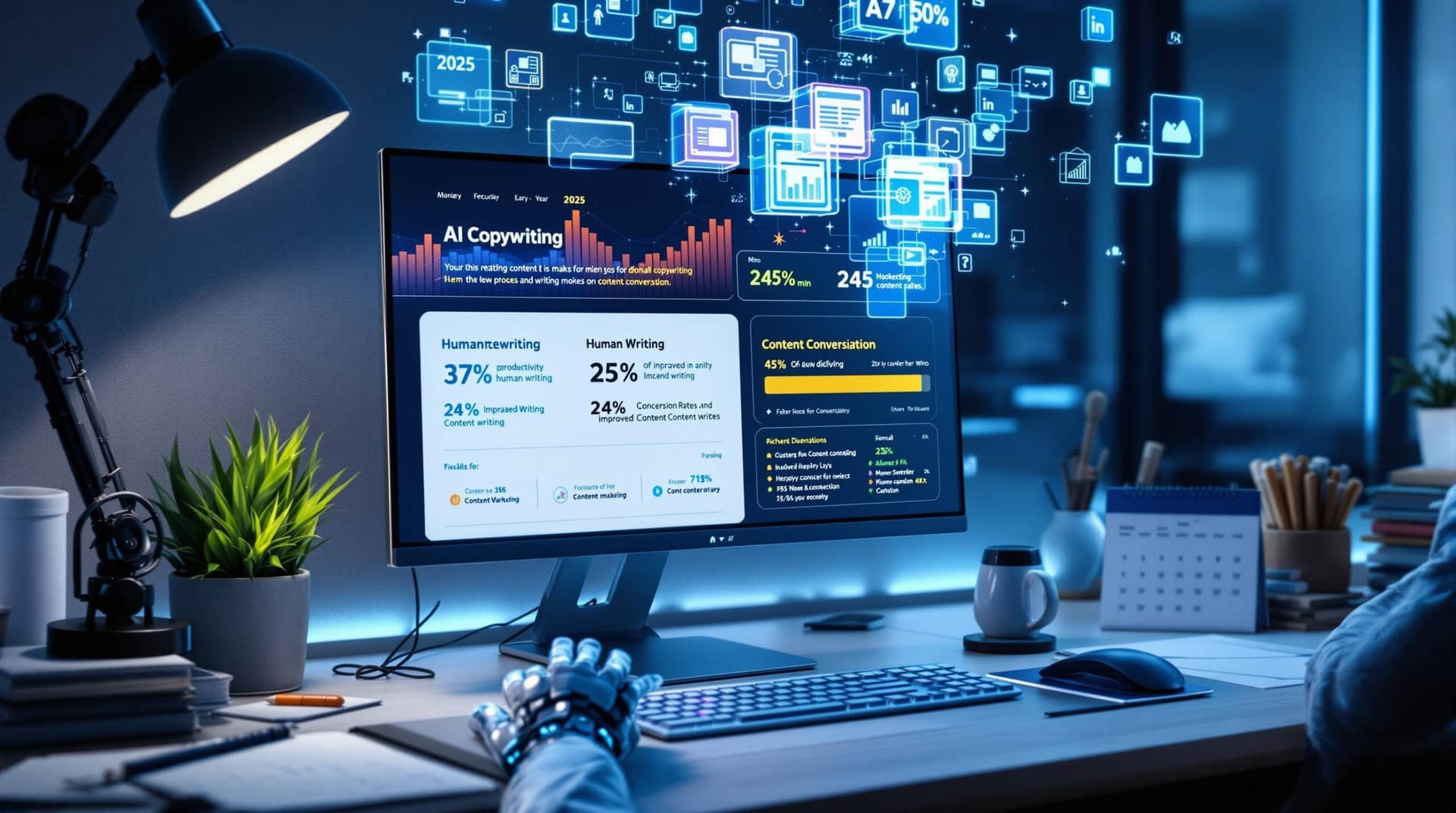 Workspace showing AI copywriting tools with productivity metrics