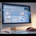 Modern workspace showcasing AI copywriting tools on a computer screen with productivity metrics, graphs, and a symbolic visualization of human-digital collaboration in content creation.