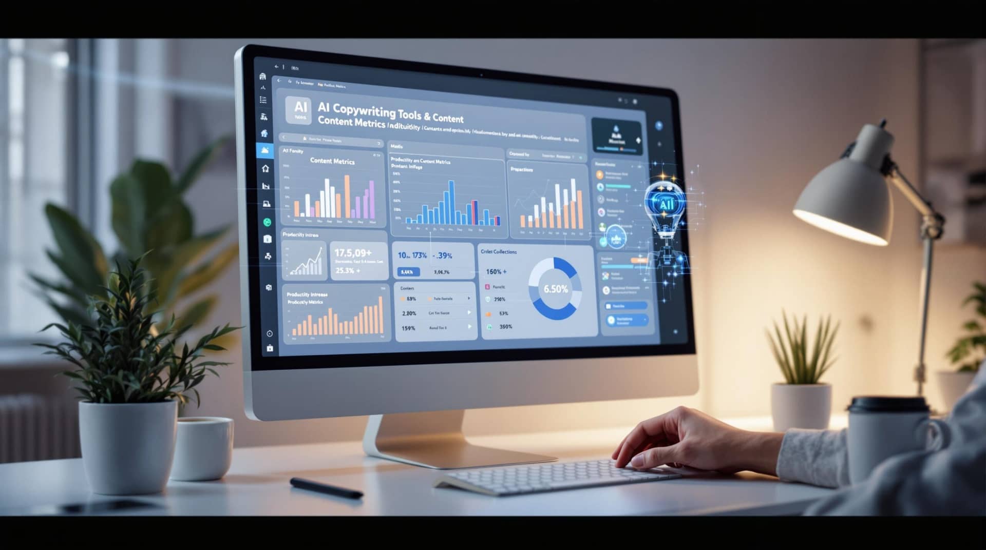 Modern workspace showcasing AI copywriting tools on a computer screen with productivity metrics, graphs, and a symbolic visualization of human-digital collaboration in content creation.