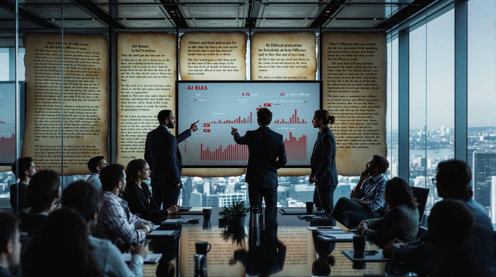 Tech professionals discussing AI ethics concerns in a high-rise conference room with panoramic San Francisco Bay views, analyzing bias data visualizations while ancient ethical manuscripts are symbolically overlaid in the background.