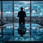 A tech executive stands at a glass conference table reflecting on AI ethics, examining bias data visualizations while ancient ethical texts reflect in the table's surface, with the San Francisco skyline visible through the windows of a modern high-rise office.