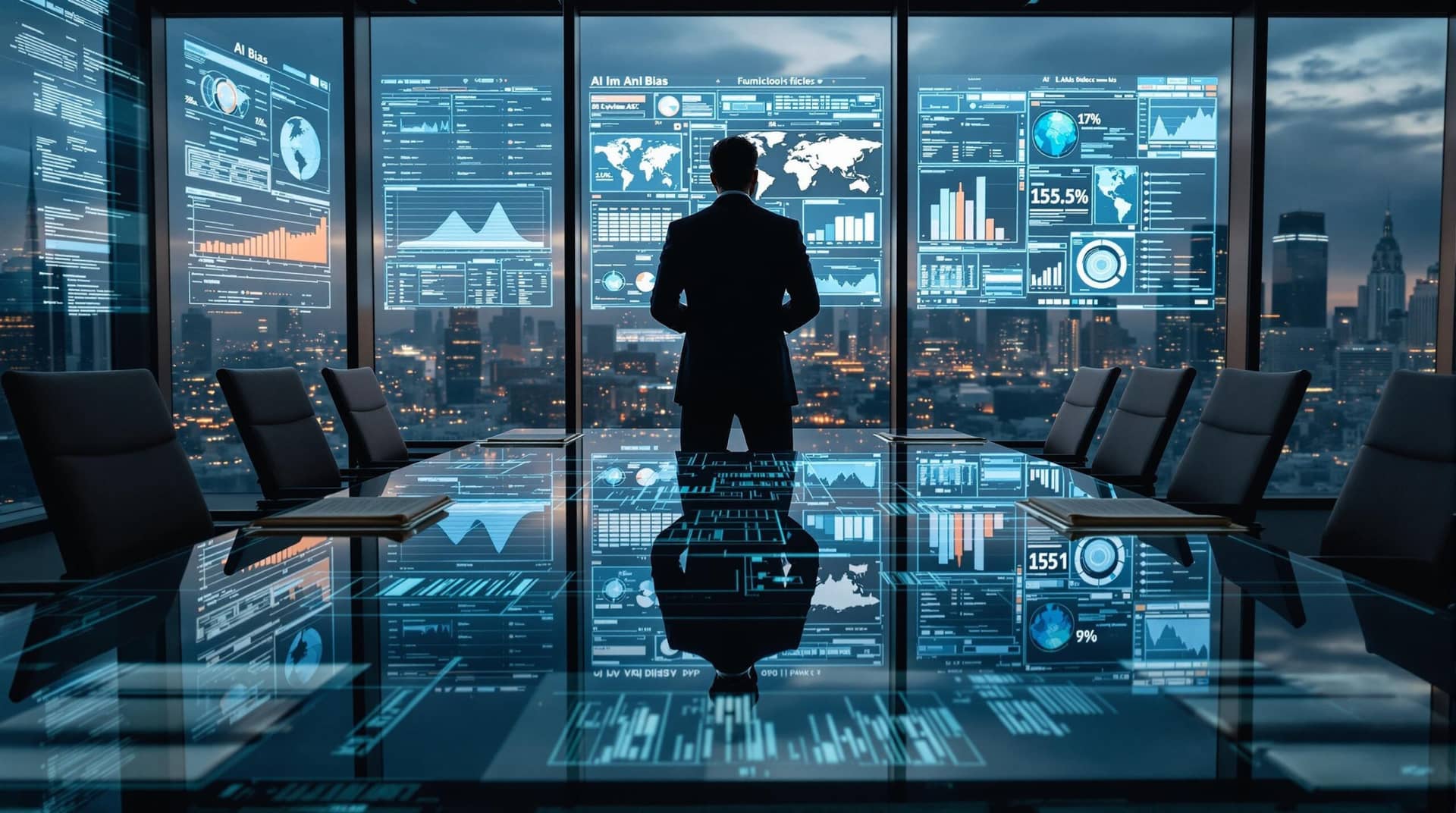 A tech executive stands at a glass conference table reflecting on AI ethics, examining bias data visualizations while ancient ethical texts reflect in the table's surface, with the San Francisco skyline visible through the windows of a modern high-rise office.