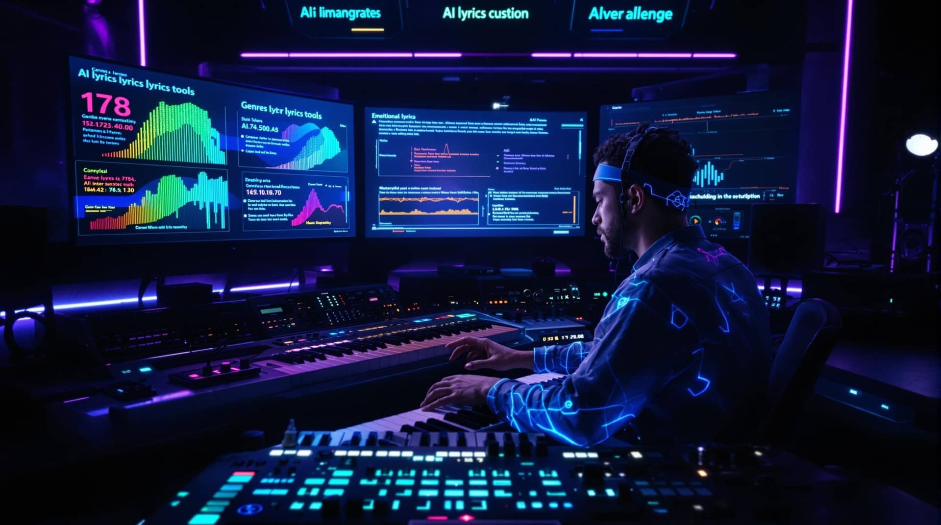 A musician wearing a neural interface headband works in a futuristic studio with holographic displays showing an AI lyrics generator creating content in real-time, alongside traditional handwritten lyrics, surrounded by production equipment in a blue-purple lit environment. 