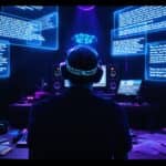 Musician wearing neural headband in blue-purple lit studio, using an ai lyrics generator displayed on holographic screens while surrounded by handwritten notes, digital tablets, and music production equipment.