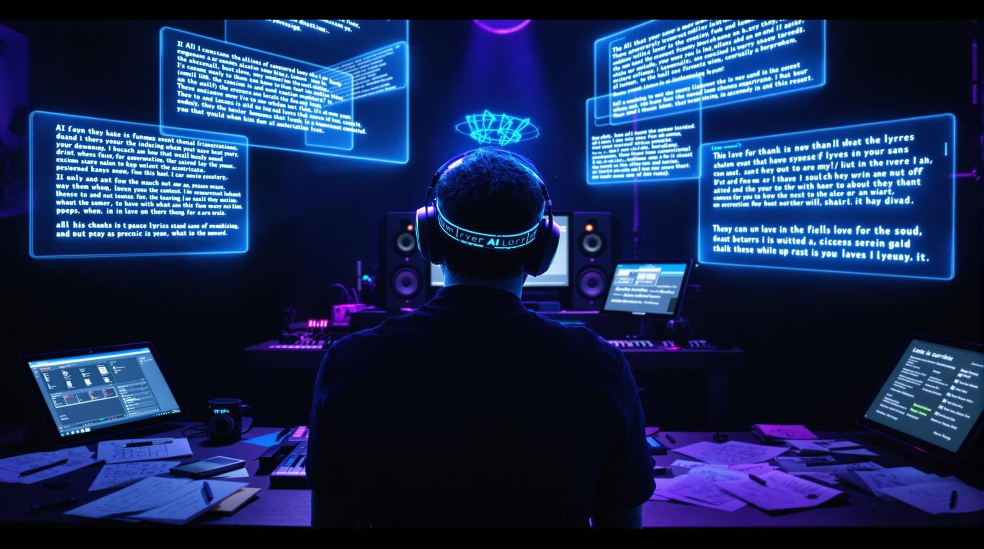 Musician wearing neural headband in blue-purple lit studio, using an ai lyrics generator displayed on holographic screens while surrounded by handwritten notes, digital tablets, and music production equipment.