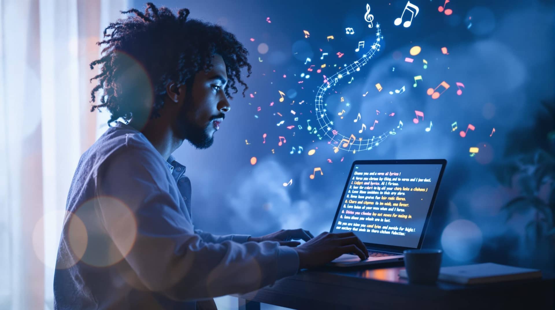 Beginner musician illuminated by blue light using an ai lyrics generator on their laptop, with highlighted verse and chorus structures visible on screen and handwritten notes nearby, capturing a moment of creative inspiration. 