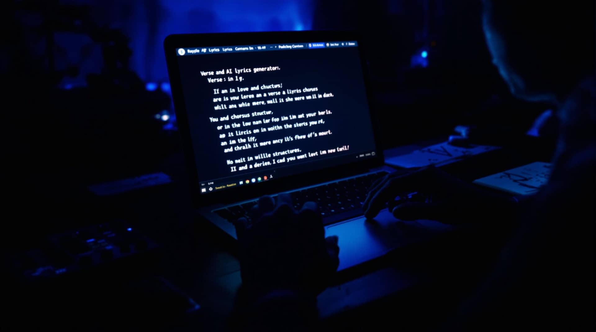 Young musician bathed in blue light using an AI lyrics generator on their laptop, with songwriting structures on screen and handwritten notes nearby, surrounded by shadowy instruments.