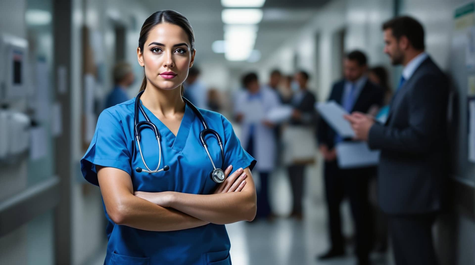 Female emergency physician in blue scrubs with stethoscope standing in hospital hallway as administrators review documents in background, illustrating tension between patient care and business demands - a visual representation of medical ethics principles in healthcare. 