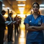 Female emergency physician in blue scrubs standing in hospital hallway, separated from suit-wearing administrators by dramatic lighting, illustrating the tension between medical ethics principles and corporate healthcare demands.