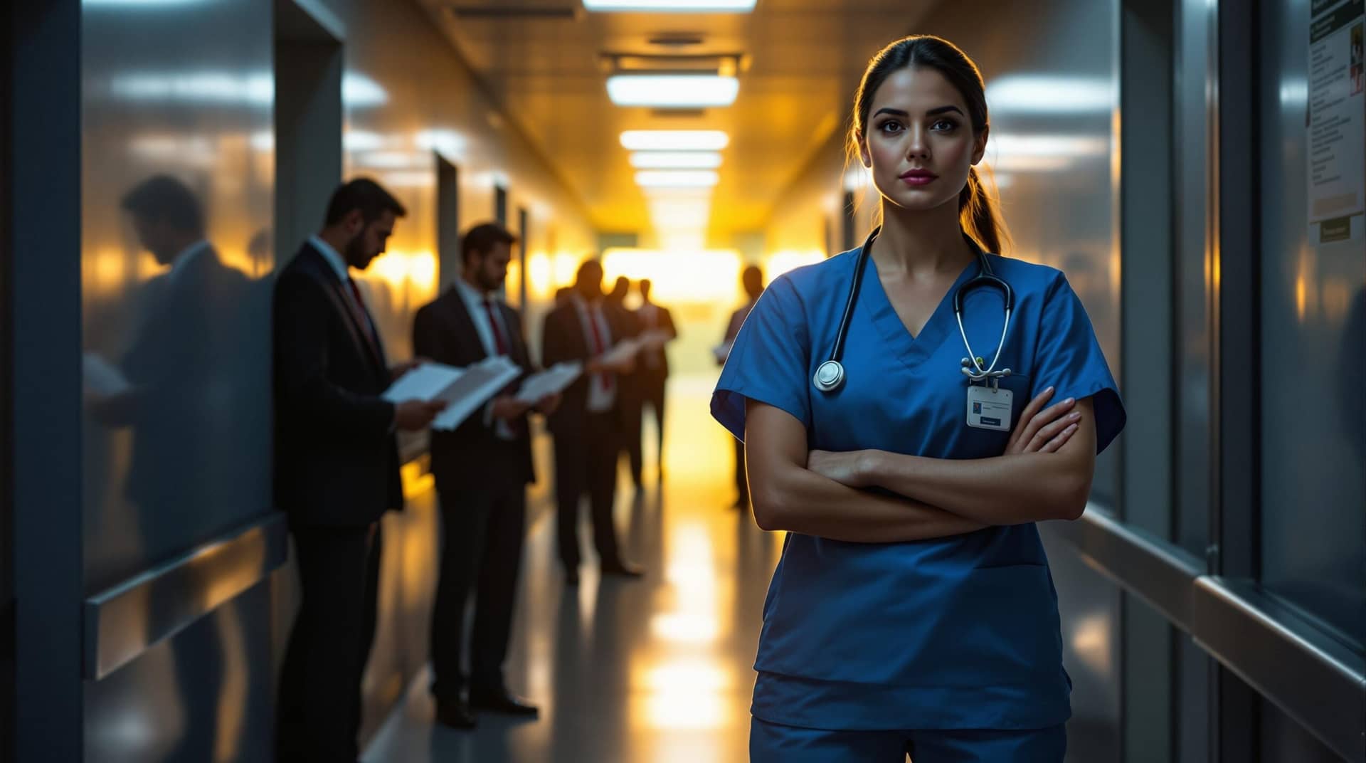 Female emergency physician in blue scrubs standing in hospital hallway, separated from suit-wearing administrators by dramatic lighting, illustrating the tension between medical ethics principles and corporate healthcare demands.