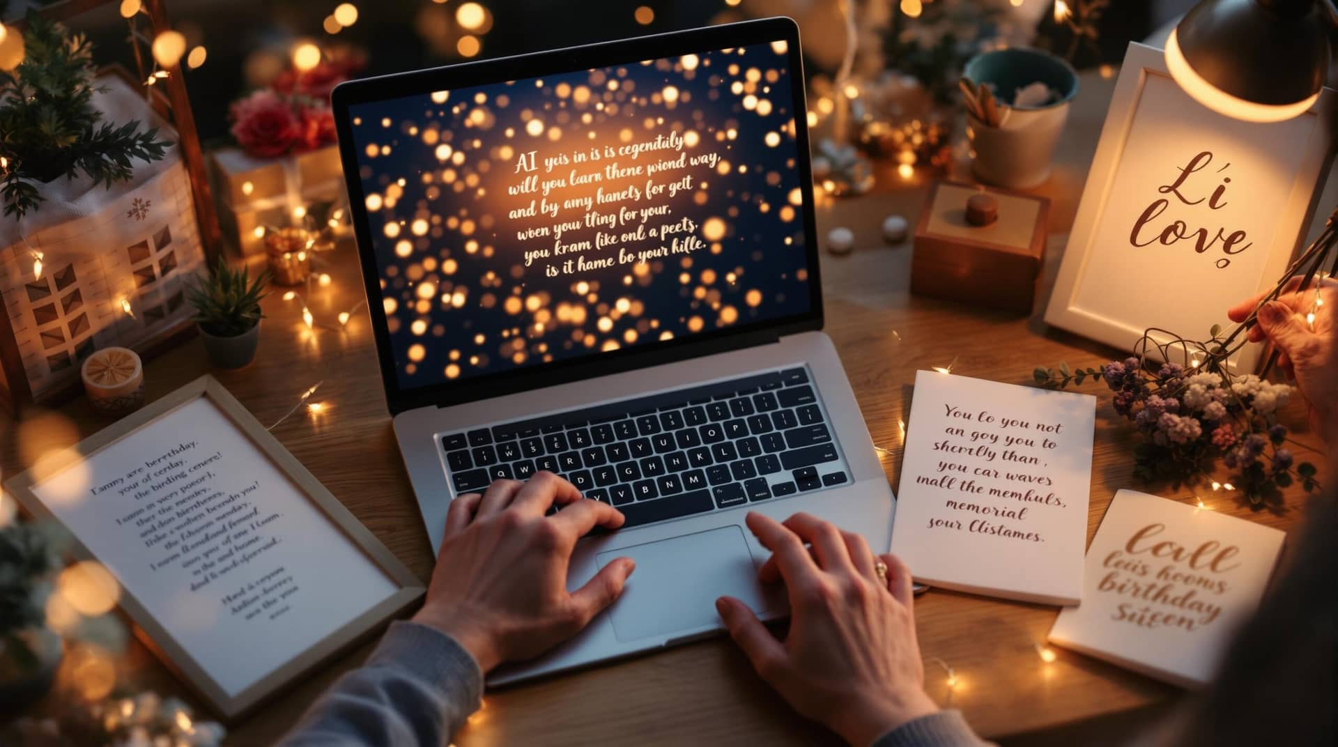 Person using an AI poem generator on laptop surrounded by printed poems, custom books, and celebratory items, illustrating the blend of technology and emotion in creating personalized poetry. 