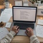 Person using an ai poem generator on laptop, surrounded by handwritten notes, poetry books, and framed poems in a warmly lit creative workspace.
