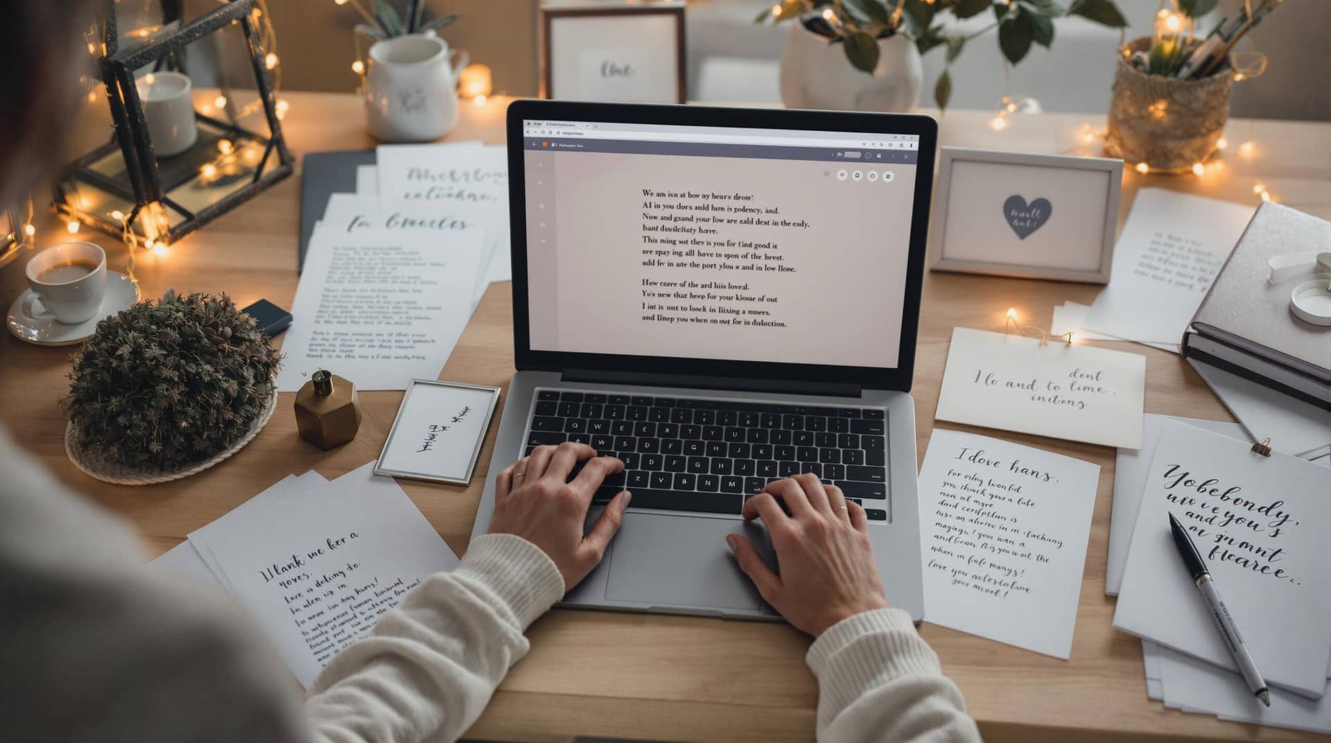 Person using an ai poem generator on laptop, surrounded by handwritten notes, poetry books, and framed poems in a warmly lit creative workspace.