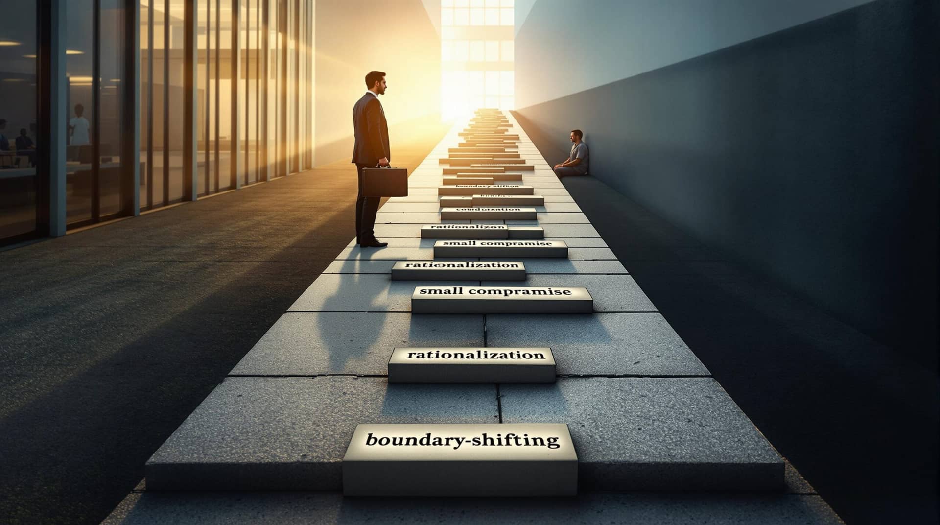 A business professional stands at the top of a literal slippery slope, contemplating a path that transitions from clean corporate environment to prison, illustrating the dangers of compromising corporate ethics through small, incremental moral lapses. 