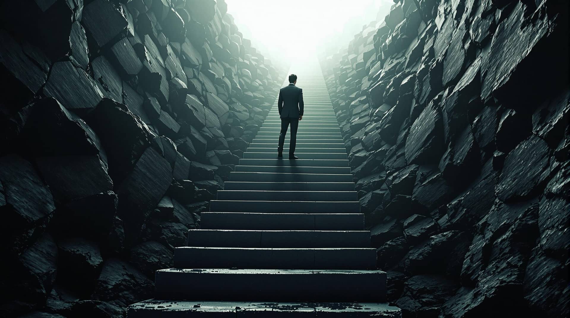 Business professional in a suit standing at the edge of a downward slope representing corporate ethics violations, showing how small infractions like expense padding can lead to serious consequences symbolized by prison bars at the bottom.