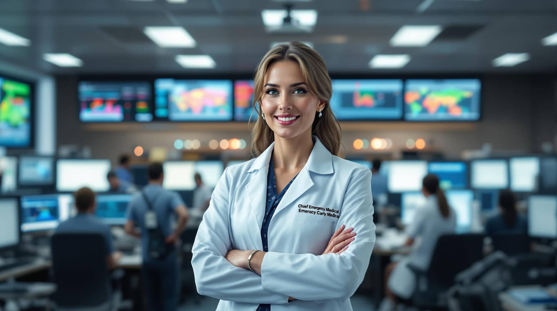Female Chief of Emergency Medicine demonstrating an ethical decision making framework through her calm leadership in a bustling hospital crisis center, surrounded by staff and monitoring screens.