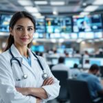 Female chief of emergency medicine demonstrates an ethical decision making framework through her calm leadership in a chaotic hospital crisis center, directing staff while monitoring screens display emergency protocols.