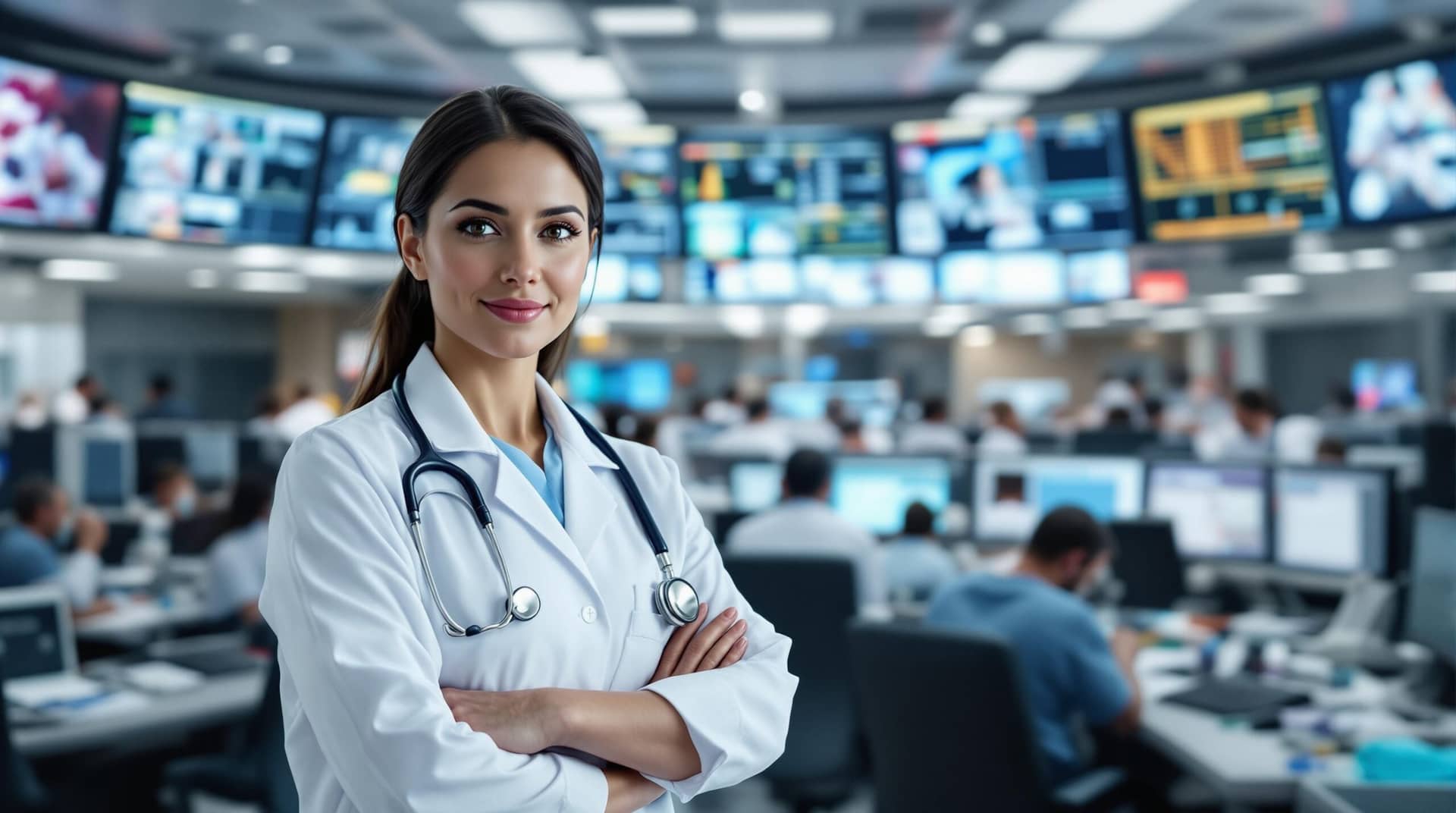 Female chief of emergency medicine demonstrates an ethical decision making framework through her calm leadership in a chaotic hospital crisis center, directing staff while monitoring screens display emergency protocols.