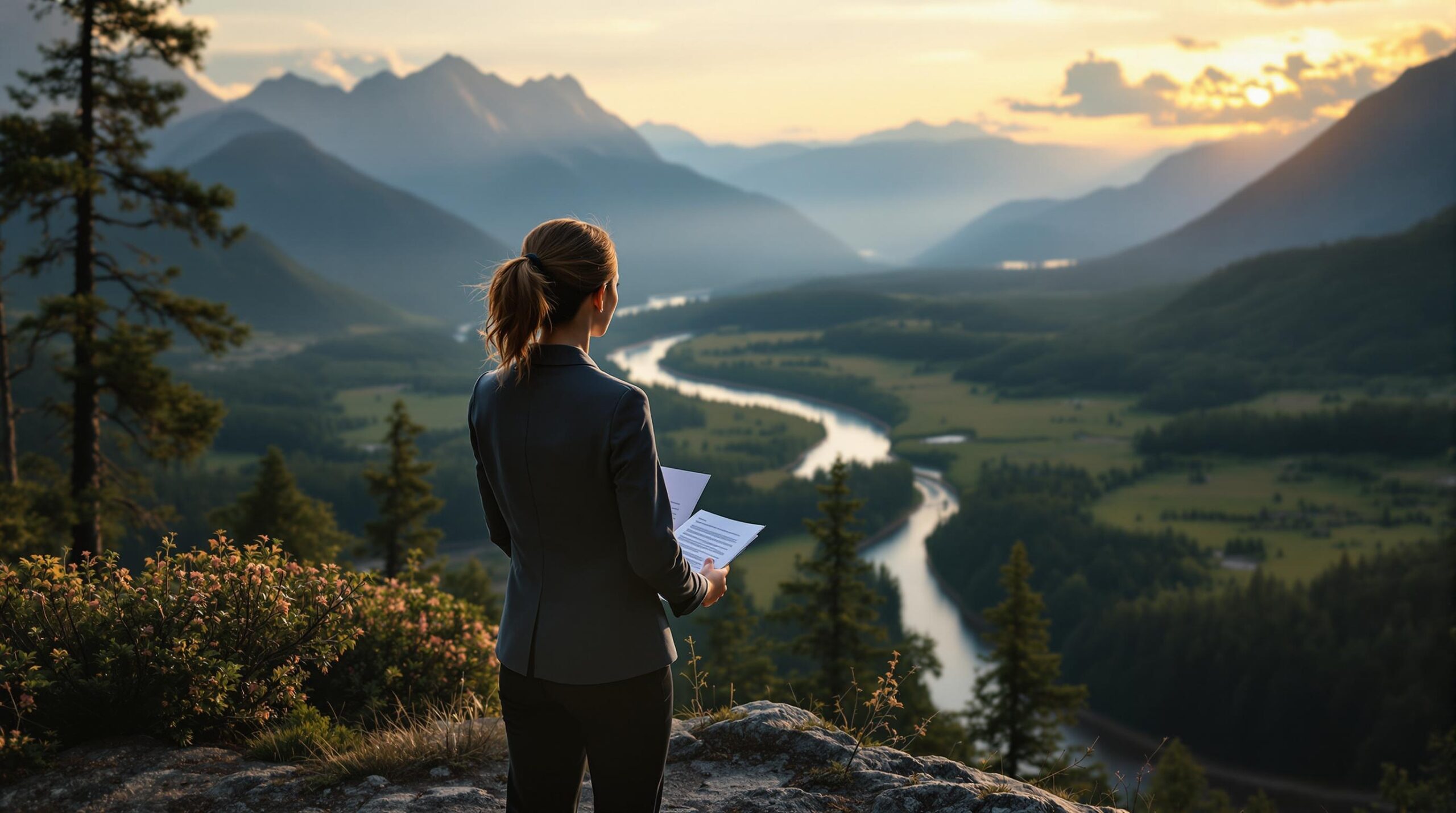 Professional woman contemplating community ethics while standing on ridge overlooking pristine wilderness with ancient forest, winding river, and distant mountains at golden hour.