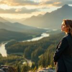 Professional woman in business attire standing on rocky ridge overlooking wilderness landscape, contemplating community ethics amid contrast between corporate demands and natural integrity during golden hour.