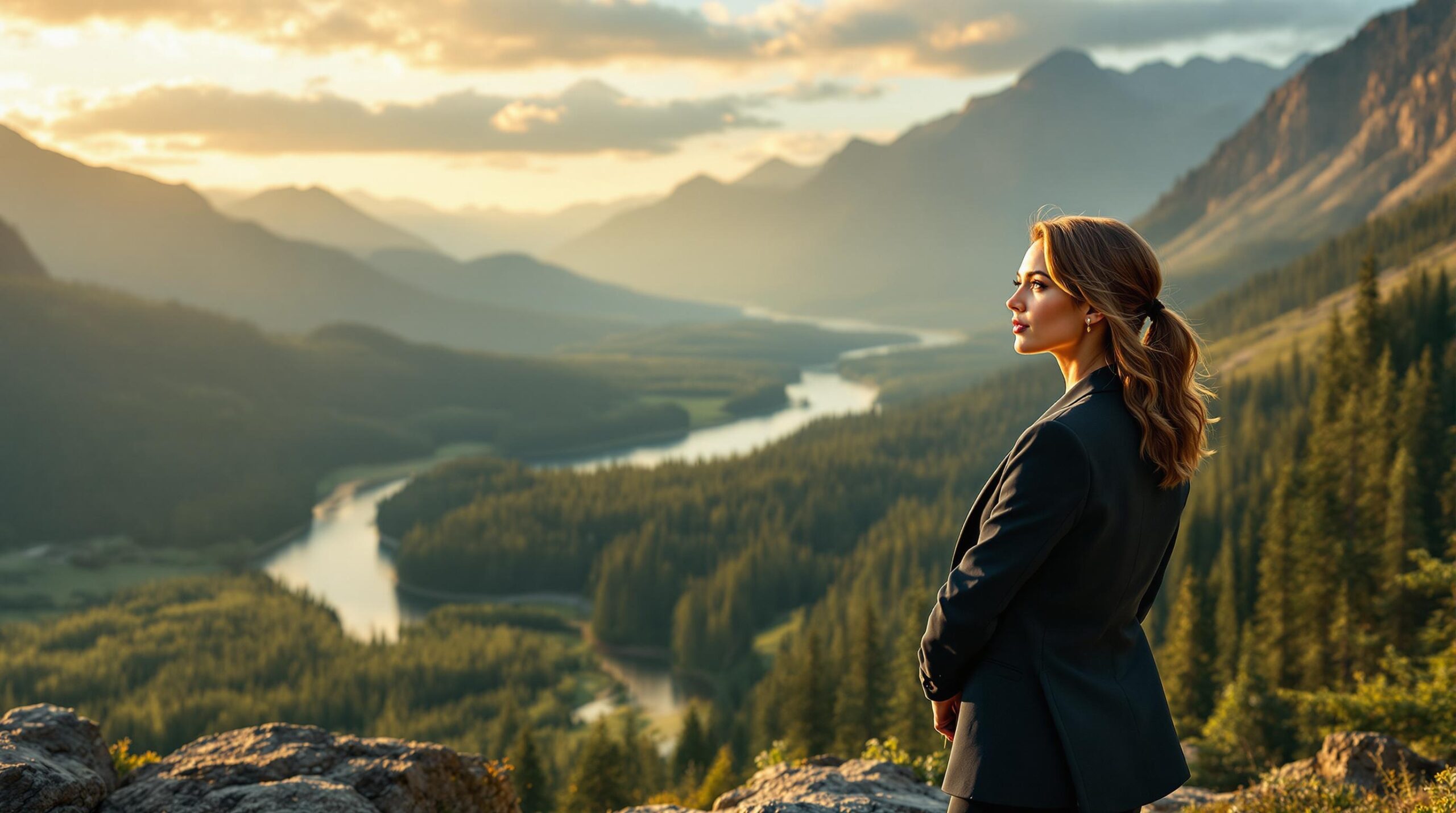 Professional woman in business attire standing on rocky ridge overlooking wilderness landscape, contemplating community ethics amid contrast between corporate demands and natural integrity during golden hour.