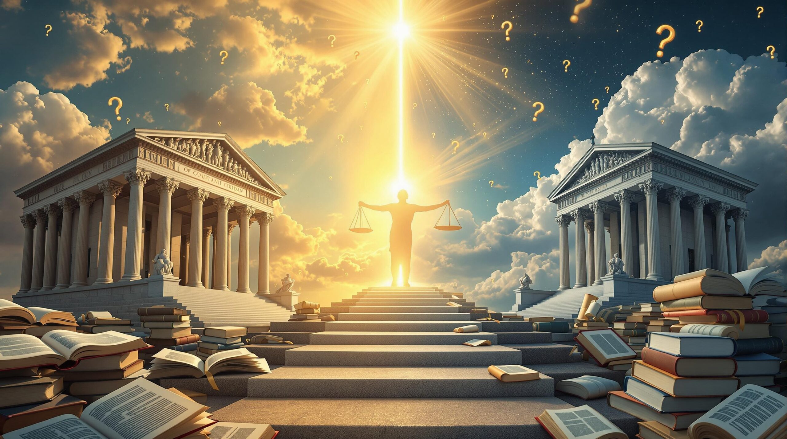 Philosophical composition exploring can morality exist without God showing ancient Greek temple and modern courthouse connected by path of books, with luminous figure holding religious tablet and ethics textbook under split sky of divine and rational elements.