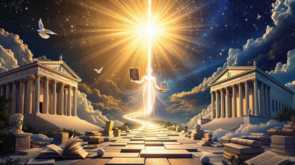 Philosophical artwork exploring "Can morality exist without God" featuring an ancient Greek temple connected by a path of books to a modern courthouse, with an ethereal figure holding religious tablets and ethics textbook under a sky split between divine light and constellation patterns.
