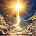 Philosophical artwork exploring "Can morality exist without God" featuring an ancient Greek temple connected by a path of books to a modern courthouse, with an ethereal figure holding religious tablets and ethics textbook under a sky split between divine light and constellation patterns.