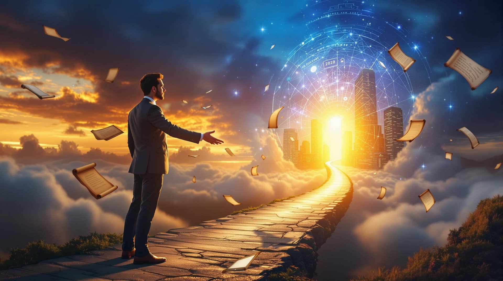 Tech professional at crossroads between corporate advancement and ethical whistleblowing, extending hand to connect both paths while surrounded by ancient wisdom and modern technology.