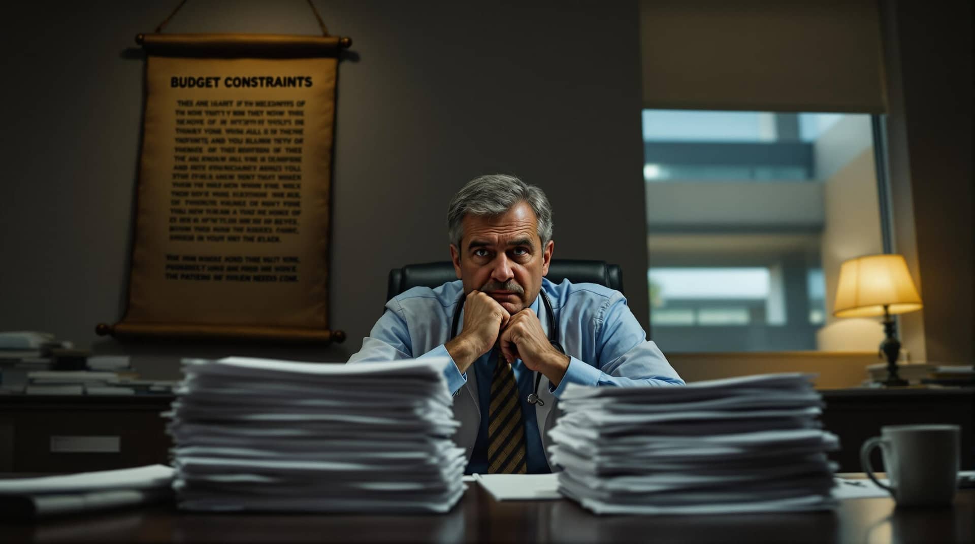 Healthcare administrator at desk contemplating healthcare budget ethics, balancing financial constraints against patient needs while a framed Hebrew scroll and hospital view provide meaningful context. 